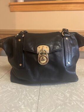 Michael Kors Black Leather Shoulder Bag with Gold MK Lock